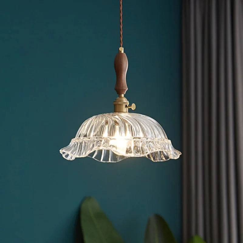 DecorBites™ LED Pendant Light Fixture Wood Handle Clear Glass Modern Hanging Lamp