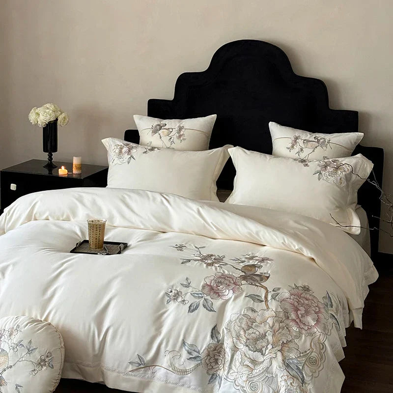 DecorBites™ 5-Piece Chinese Flowers Bird Embroidery Bedding Set, 1000TC Egyptian Cotton, Queen King