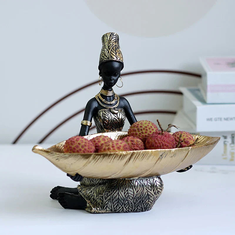 DecorBites™ Black Woman Resin Statue: Exotic Desktop Decor & Storage Container