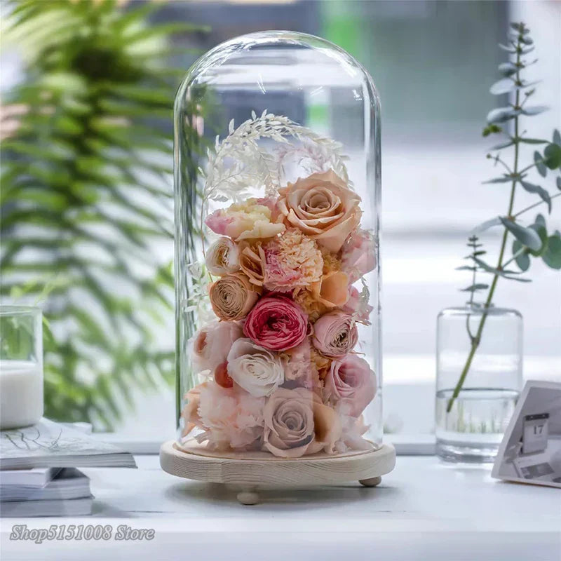 DecorBites™ Glass Dome Night Light with Dry Flower Ornaments on Wood Base