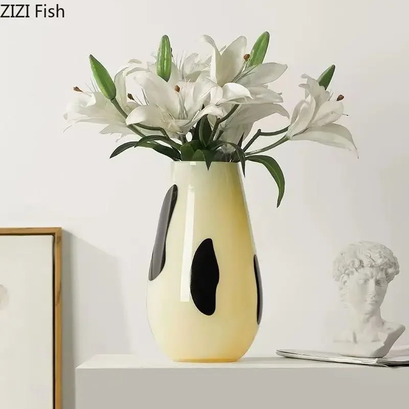 DecorBites™ Black Stripes Glass Vase Desk Decoration Artificial Flowers Pots Aesthetic Room Decor