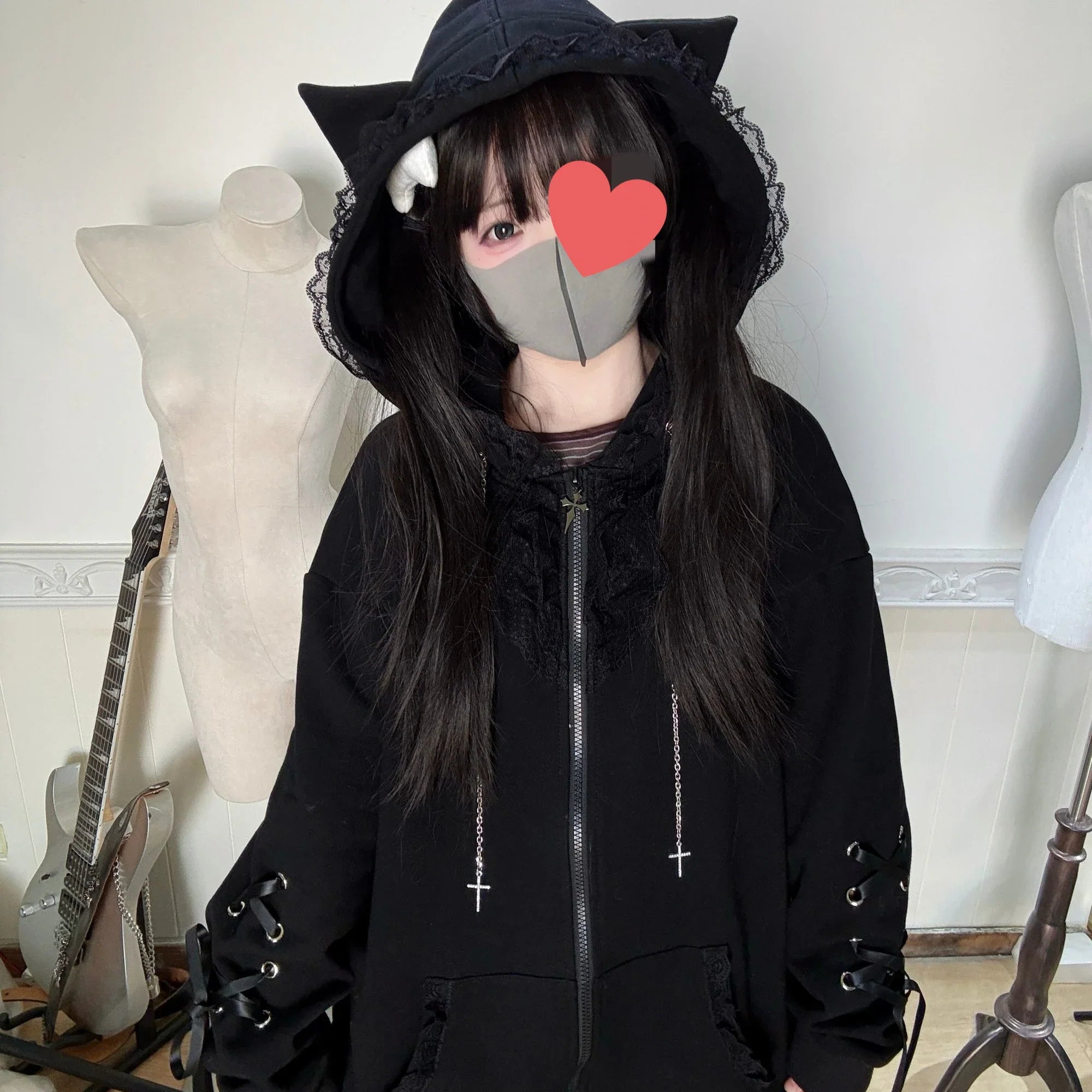 Subculture Japanese Retro Long Sleeve Hoodie Cat Ears Lace Decoration Women Casual Sweatshirt Gothic Y2K Harajuku Autumn Coat