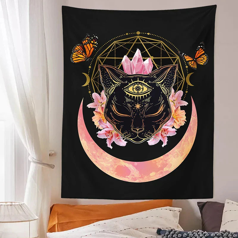DecorBites™ Cat Witch Moon Star Tapestry Wall Hanging - Trippy Psychedelic Wall Decor