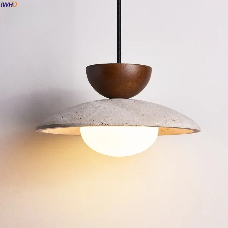 DecorBites™ LED Hanging Pendant Light Mid-Century Modern Yellow Travertine Wood Living Room