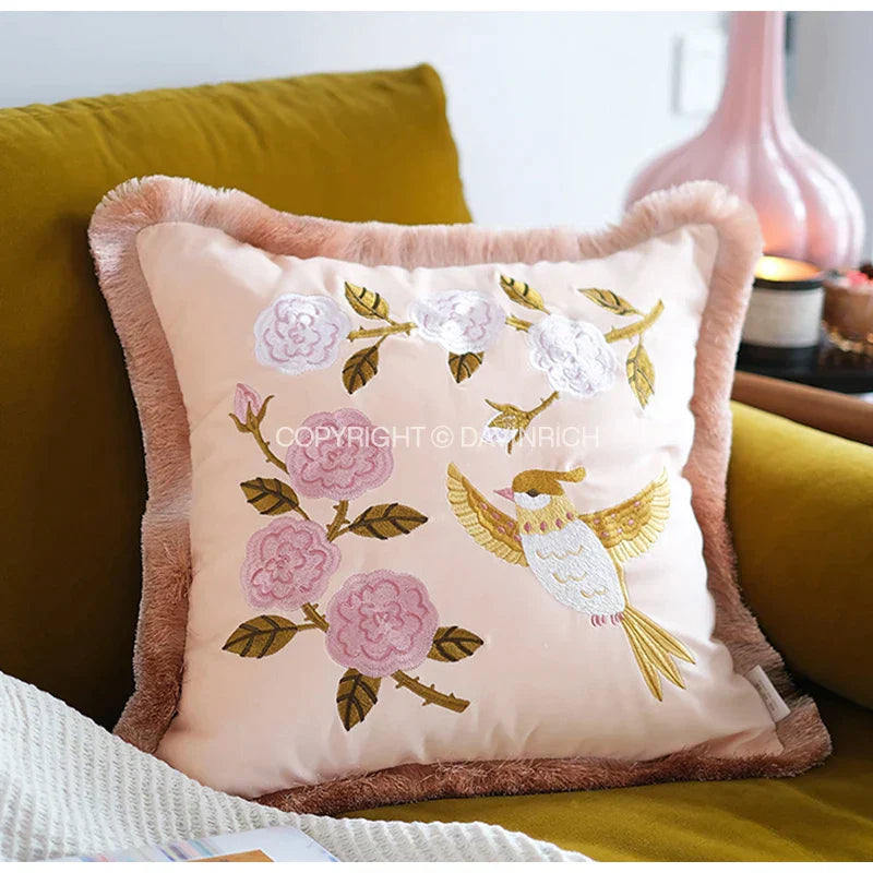 DecorBites™ Bamboo Embroidered Fringed Velvet Lumbar Pillow Cover 30x50cm Luxurious Artistic Oriental Style
