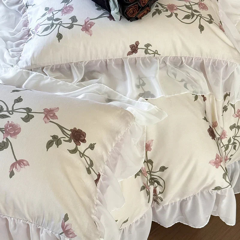 DecorBites™ Lace Ruffles Princess Cotton Bedding Set, Floral Quilt Cover, Girls Wedding Home Textiles
