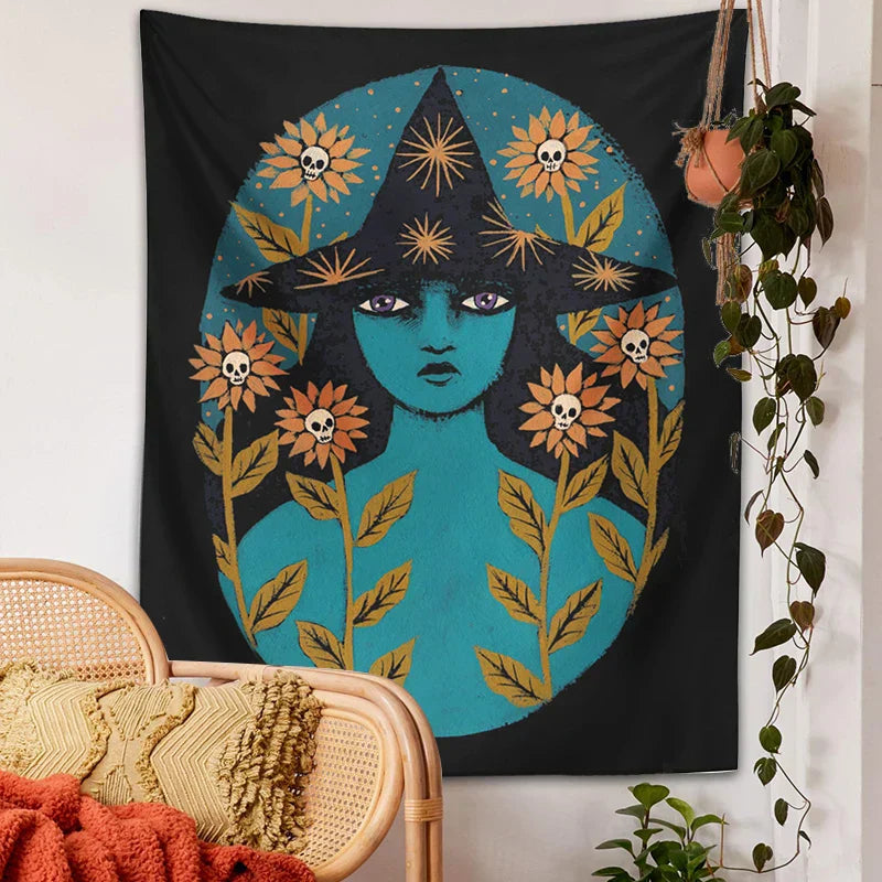 DecorBites™ Blue Witches Botanical Tapestry Wall Hanging for Home Room Decor and Aesthetic Magic