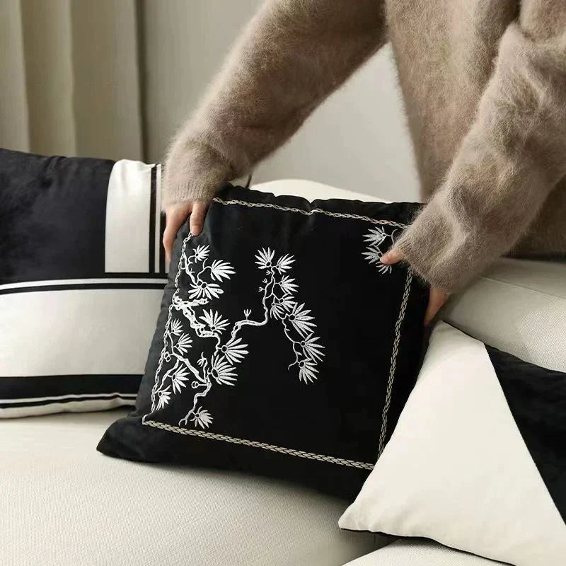 DecorBites™ Embroidered Black White Minimalist Cushion Cover Light Luxury Home Decor Pillow