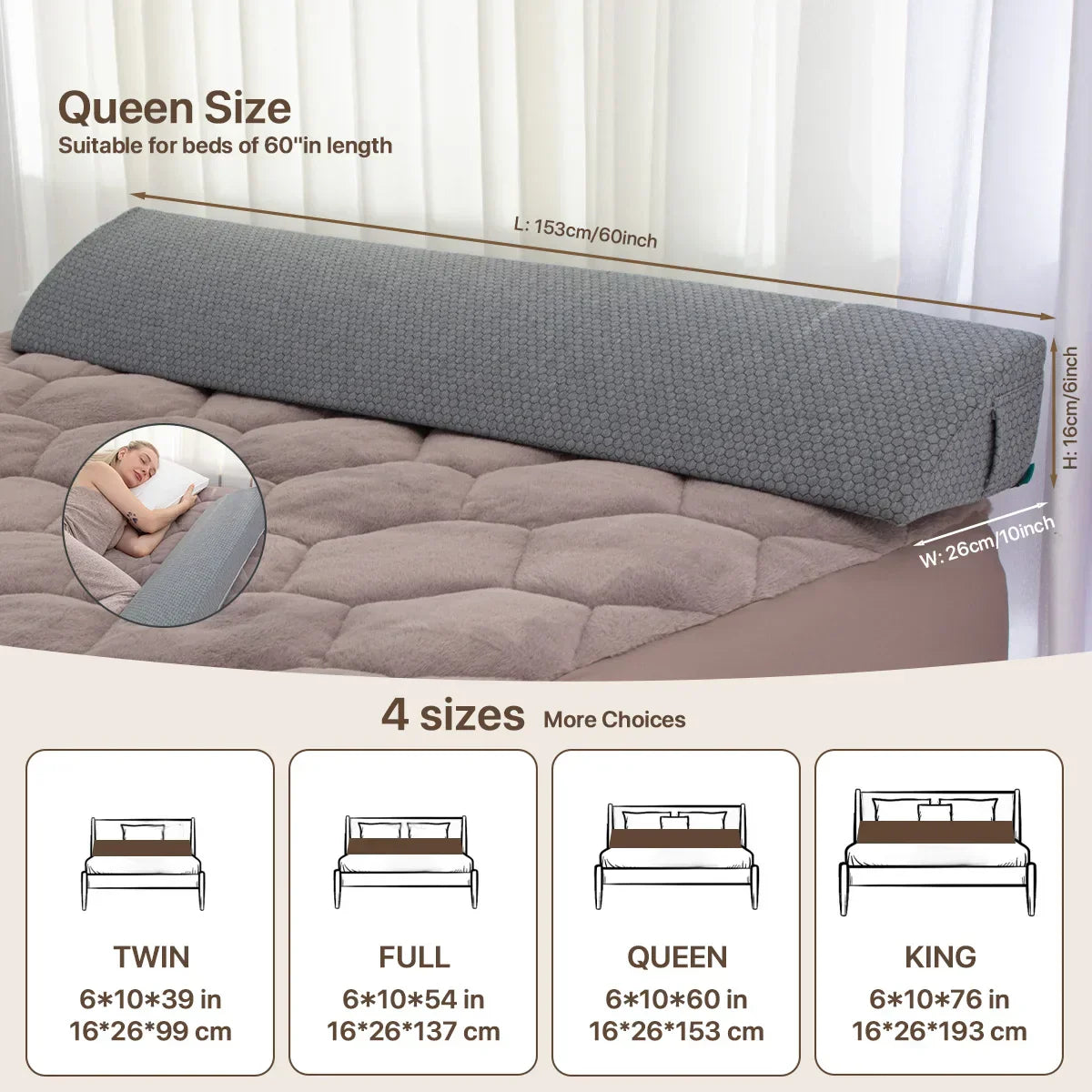 DecorBites™ Bed Wedge Pillow Memory Foam Mattress Gap Filler with 2 Large Side Pockets