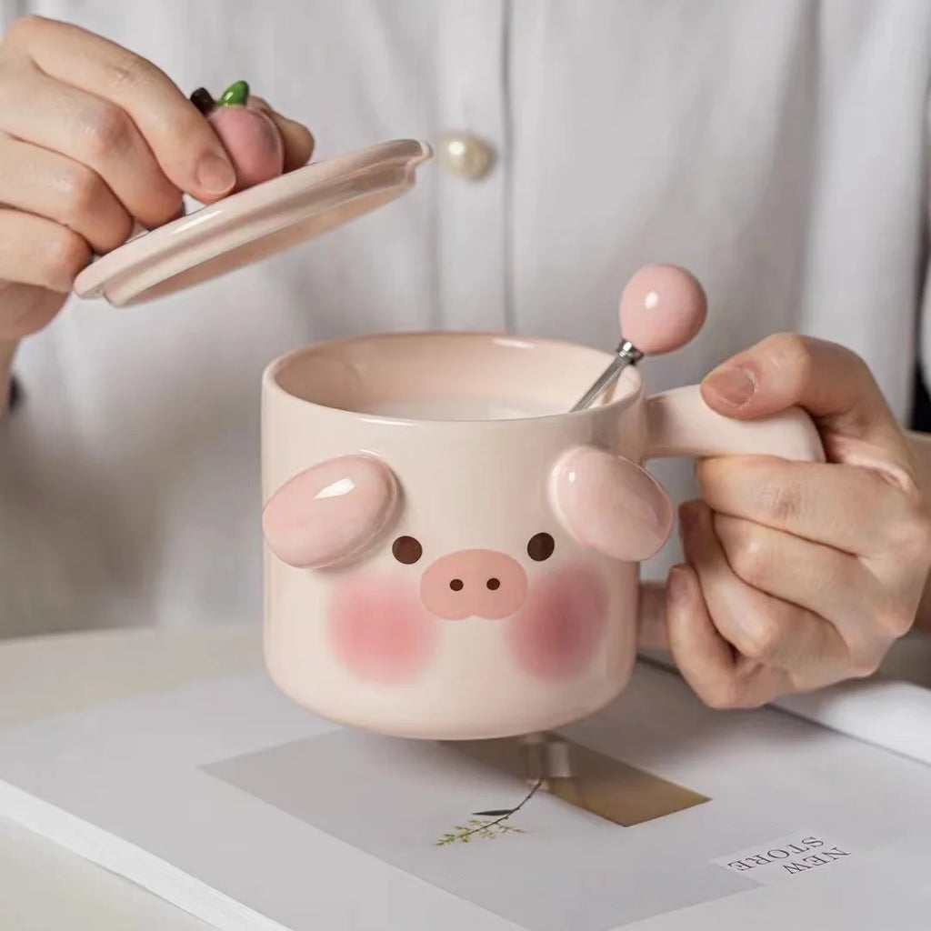 DecorBites™ Animal Ceramic Mug Set: Pig Dog Design, Lid, Spoon, Saucer - Breakfast Coffee Cup