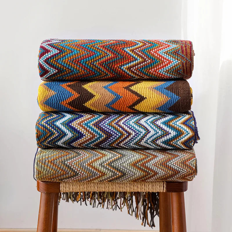 DecorBites™ Boho Knitted Striped Blanket with Tassels