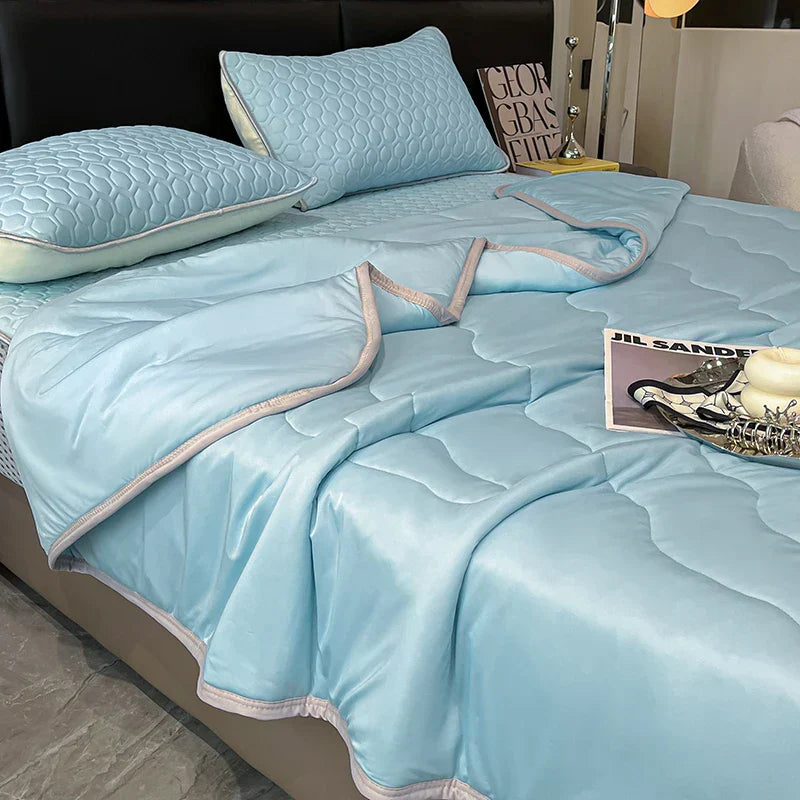 DecorBites™ Cool Feeling Ice Silk Summer Quilt Set Queen - Comforter, Fitted Sheet, Pillowcase