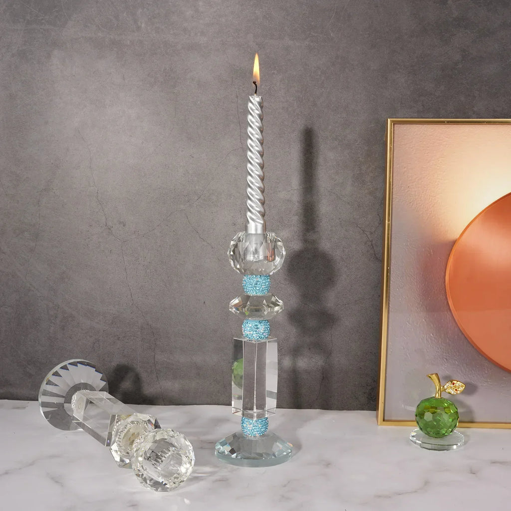 DecorBites™ Blue Diamond Crystal Glass Candle Holder Candelabrum