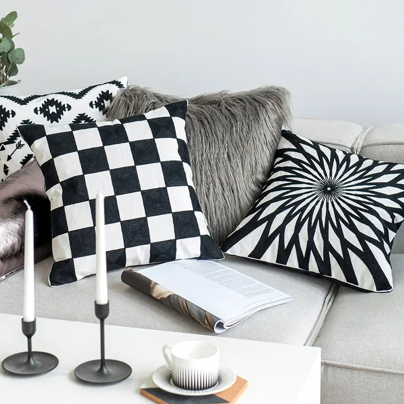 DecorBites™ Black White Embroidered Cushion Cover 45x45cm Sofa Bed Chair Home Decor
