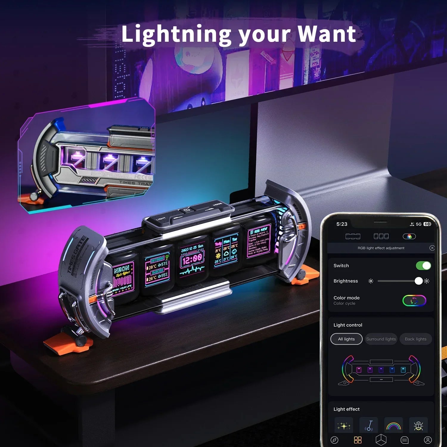DecorBites™ Cyberpunk Pixel Art Clock with Smart WiFi Control and RGB LED Display