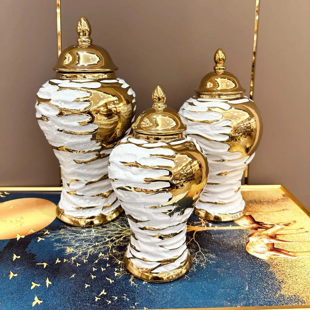 DecorBites™ Gold & White Grain Ceramic Jar: Home Decor & Storage Accessory