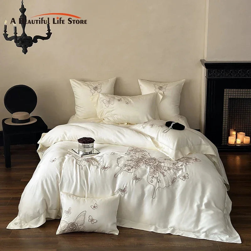 DecorBites™ Butterfly Flowers Embroidery 800TC Eucalyptus Fiber Bedding Set