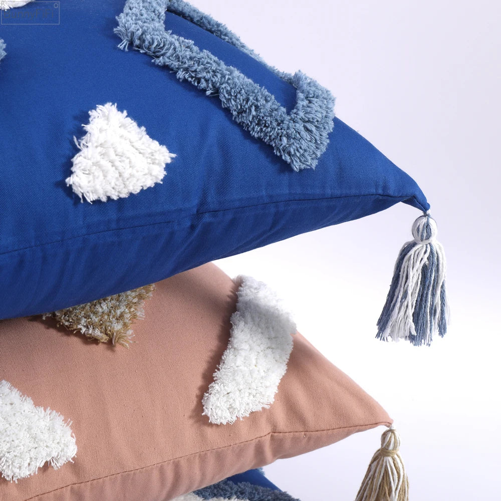 DecorBites™ Boho Tufted Tassel Cushion Cover 45x45cm - Blue Pink Cotton Throw Pillow Cover