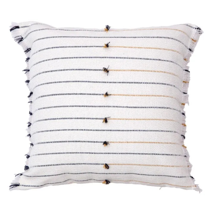 DecorBites™ Handmade Cotton Woven Cushion Tassels - Ivory Black Yellow Stripe Home Decor
