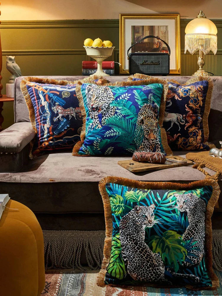 DecorBites™ Jungle Animal Collection Cushion Cover with Gold Tassel Fringe - Luxury Satin Pillowcase