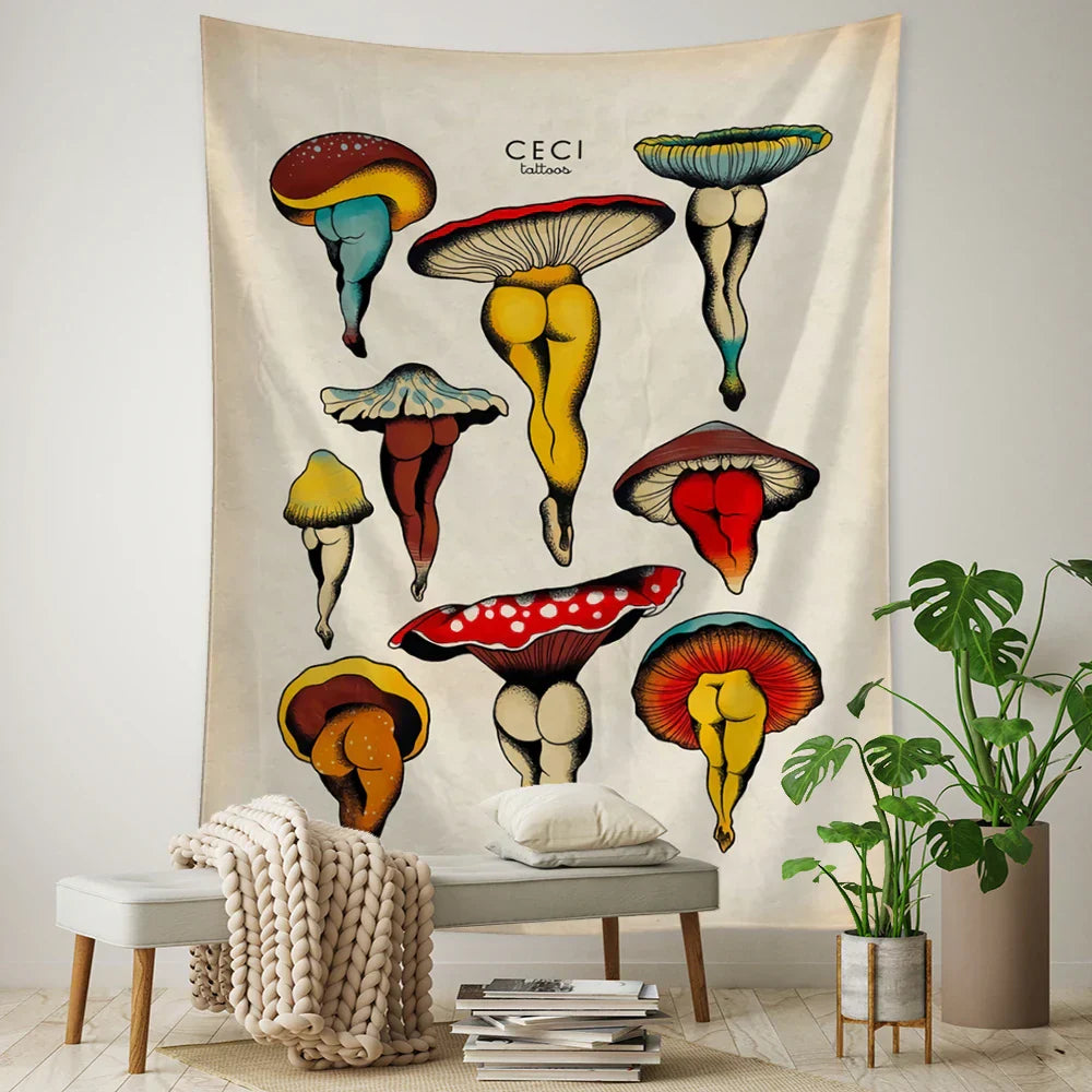 DecorBites™ Cactus & Mushroom Girl Tapestry - Hippie Boho Psychedelic Wall Art Decor