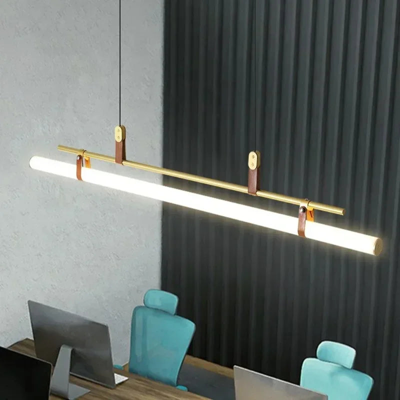 DecorBites™ Eden Modern Black Gold Leather Tube LED Pendant Chandelier