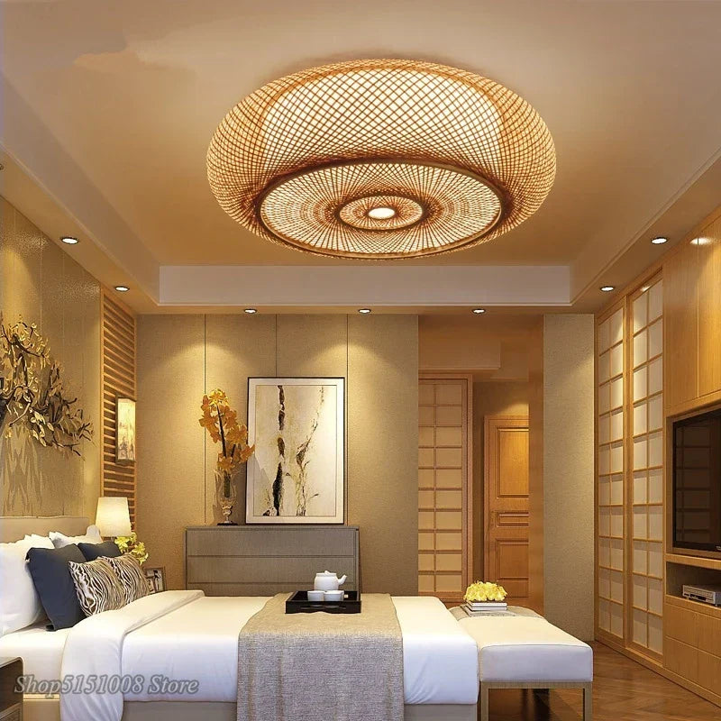 DecorBites™ Bamboo Wicker Rattan Round Lantern Ceiling Light - Chinese Style Hand-Woven Fixture