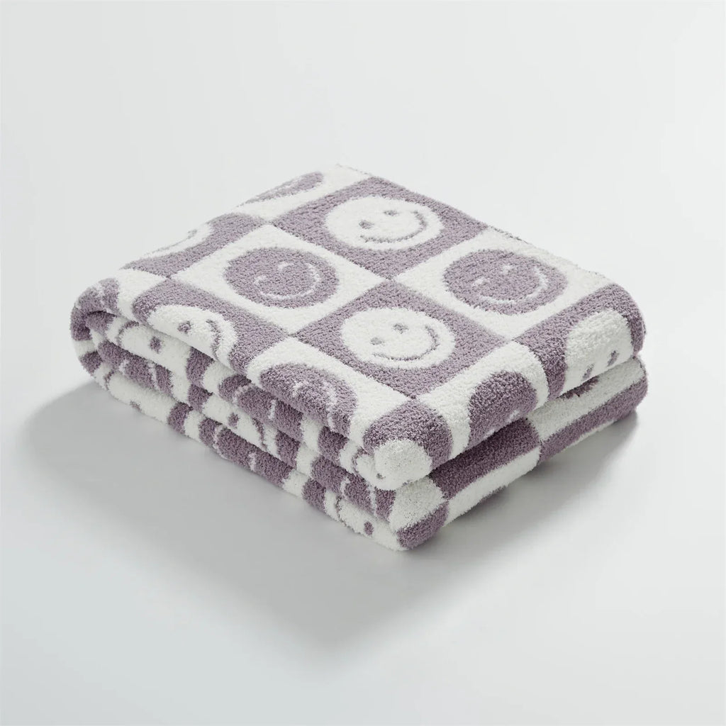 DecorBites™ Knitted Checkboard Smile Face Design Fluffy Blanket - Spring Violet Pink Gray Blanket