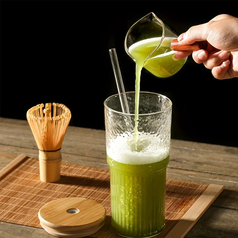 DecorBites™ 500ml Ribbed Glass Cup with Lid and Straw | Stylish Drinking Glass for Any Occasion