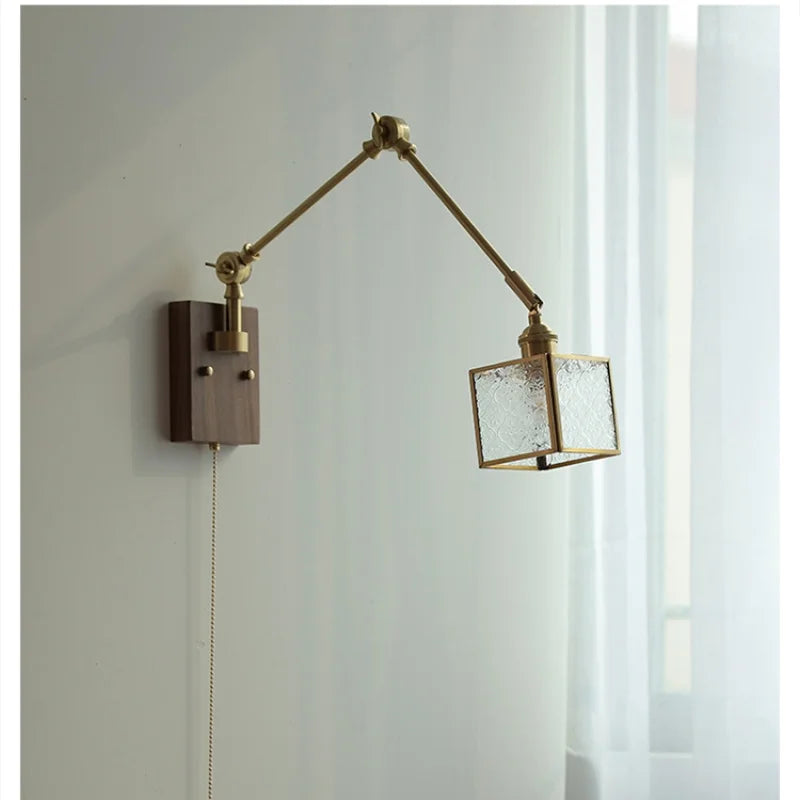 DecorBites™ Ash Wood LED Swing Arm Wall Light with Pull Chain Switch & Blue Glass