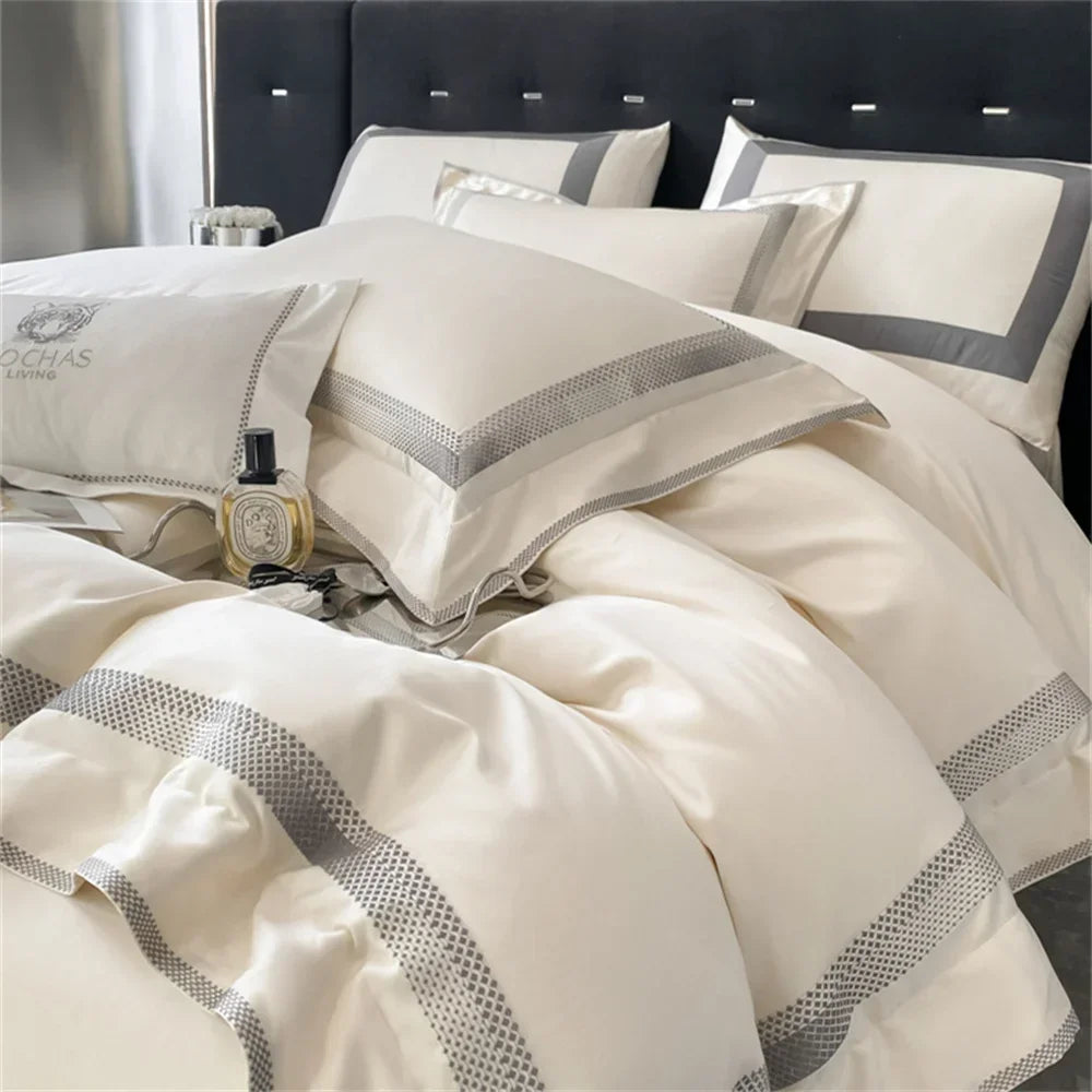 DecorBites™ 1000TC Egyptian Cotton Embroidered Bedding Set, Queen King Size Duvet Cover Set