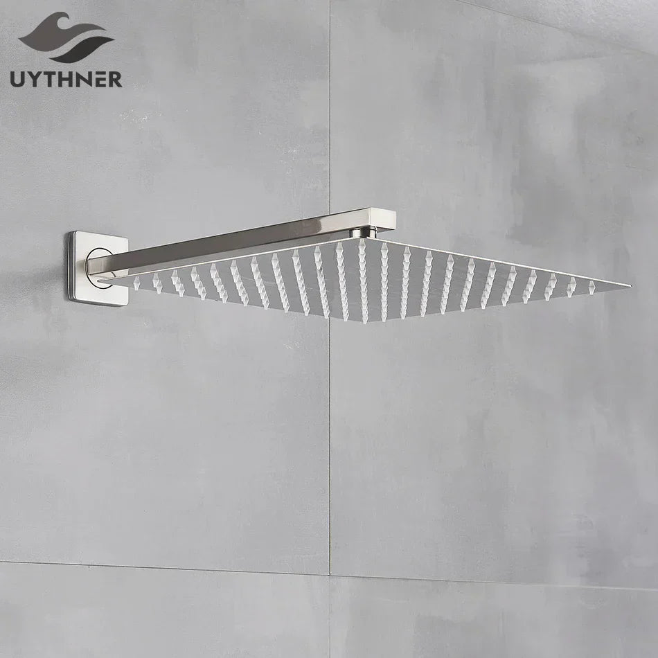 DecorBites™ Brushed Nickel Rainfall Shower Head with Shower Arm - Ultra Thin Top Sprayer