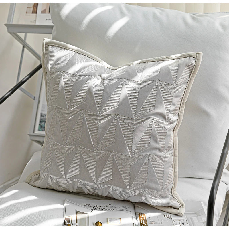 DecorBites™ Conical Geometric Embroidery Cut Velvet Pillow Cover Silver Luxe Square Cushion