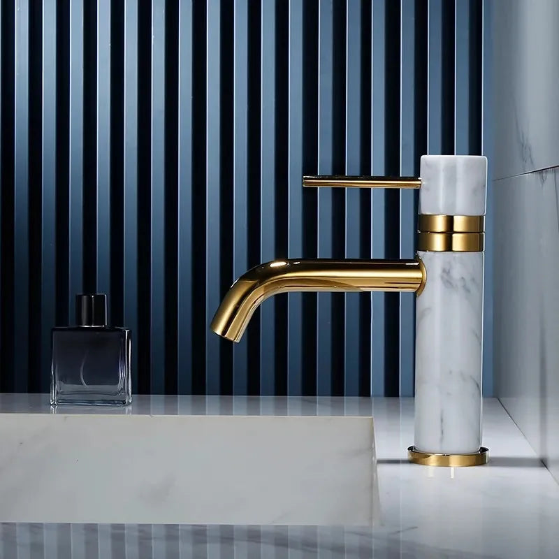 DecorBites™ Brushed Gold Bathroom Faucet with Swivel Spout and Marble Accents