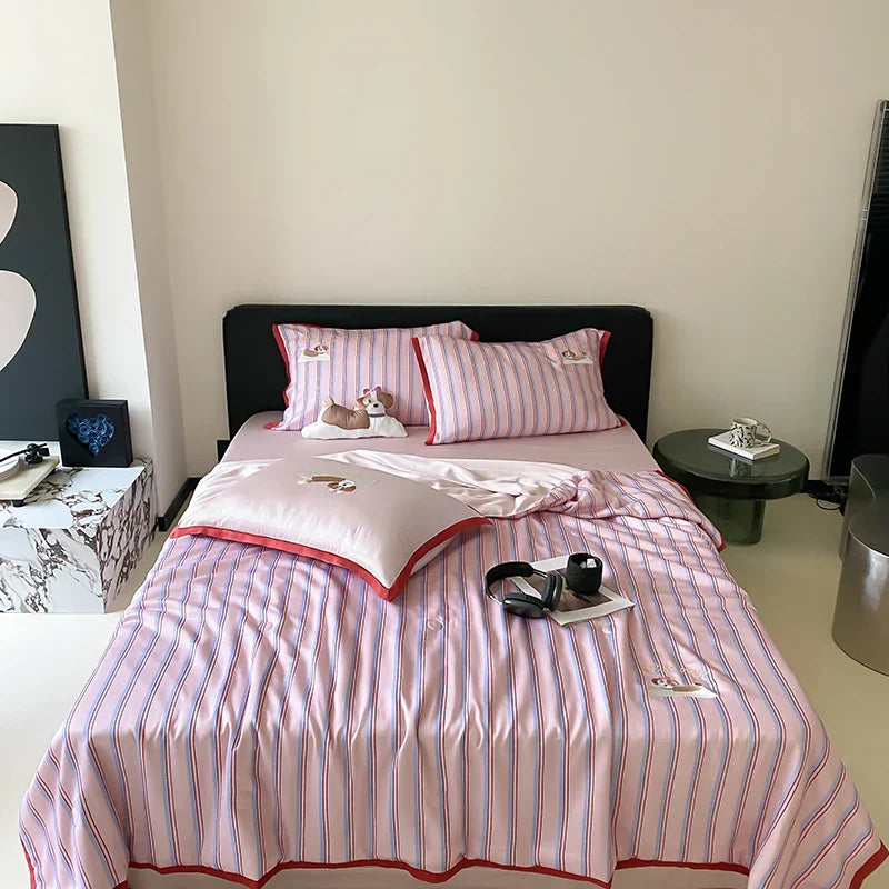 DecorBites™ Cool Lyocell Fiber Striped Summer Blanket Set with Pillowcase