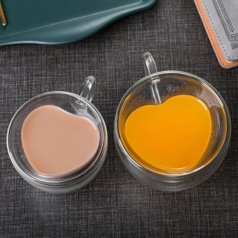 DecorBites™ Heart Love Glass Coffee Mug Cup Set for Drinking Tea Juice Water Gift.