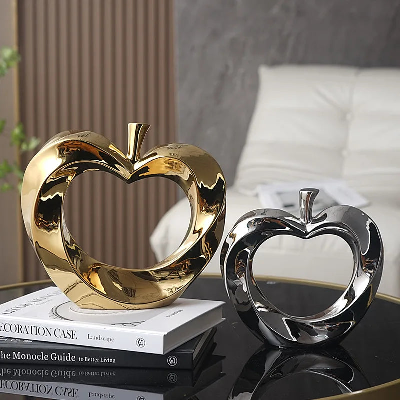DecorBites™ Golden Apple Sculpture: Ceramic Cut-out Artificial Fruit for Fortunate Home Decor