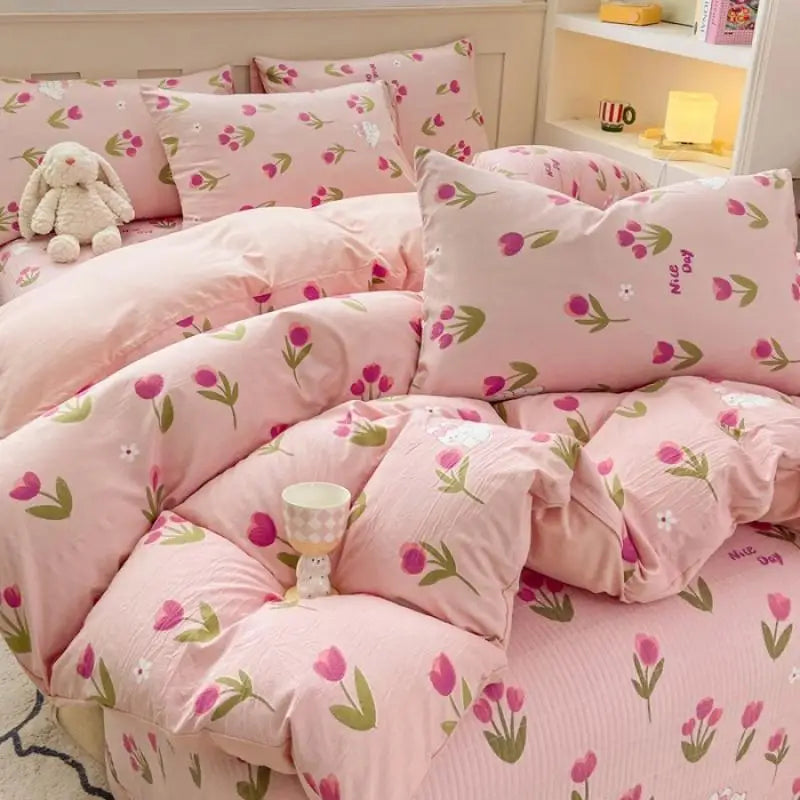DecorBites™ Cartoon Cat Floral Duvet Set, Girls' Pink Bedding Collection