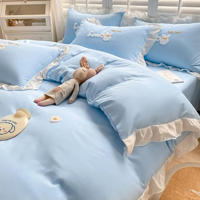 DecorBites™ Cartoon Princess Embroidered Cotton Bedding Set for Adult Girls