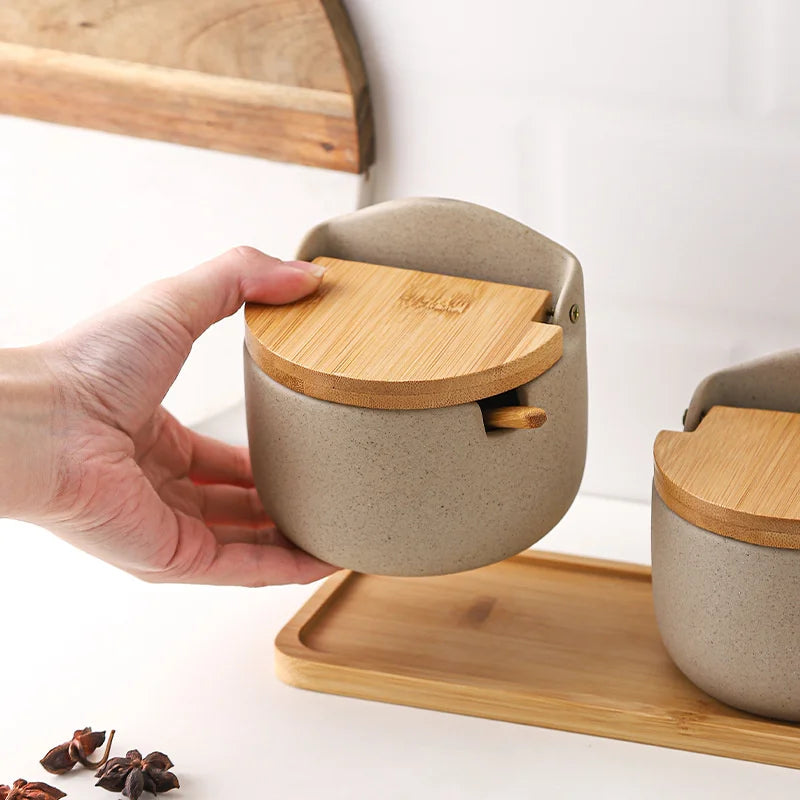 DecorBites™ Ceramic Seasoning Jar Set with Bamboo Lid and Spoon