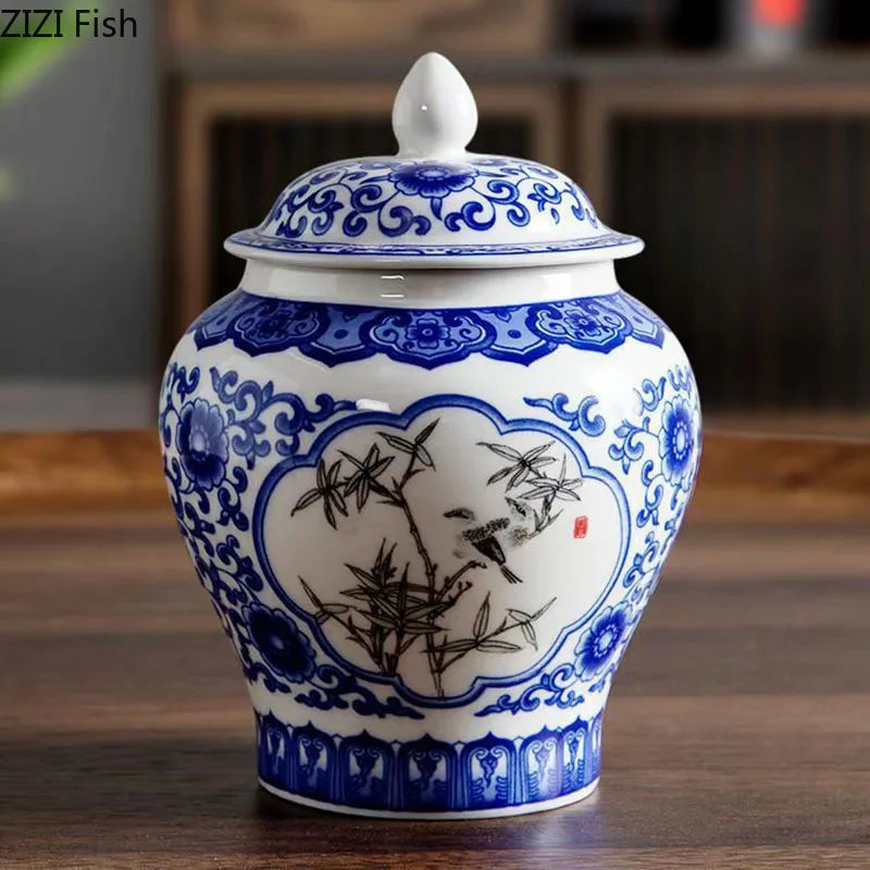 DecorBites™ Blue & White Porcelain Tea Canister | Ceramic Sealed Caddy Jar