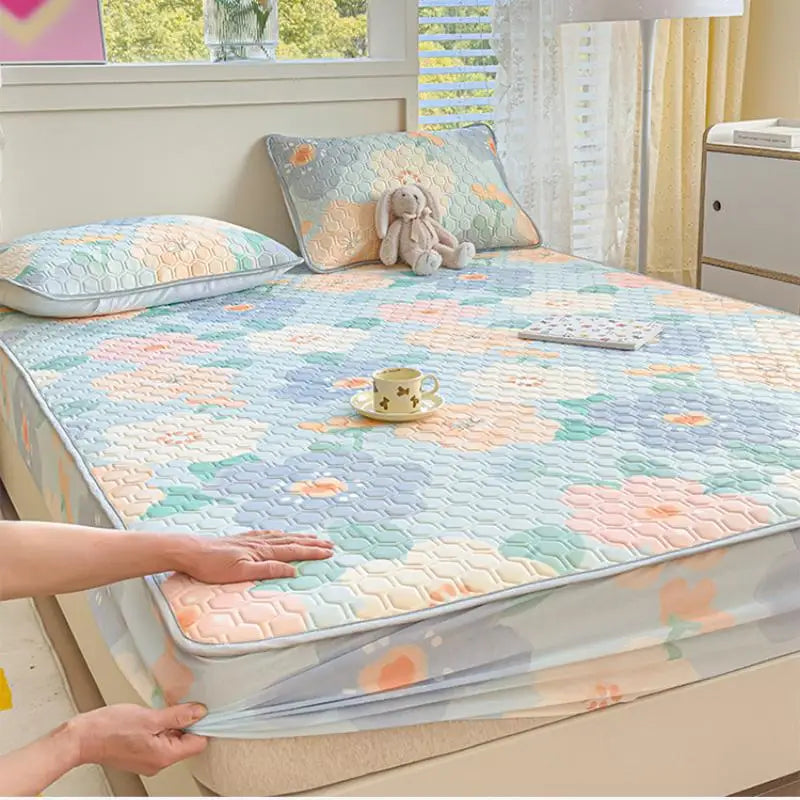 DecorBites™ Cool Silk Latex Fitted Sheet Set with Pillowcases, Summer Ice Silk, Single Double Bed