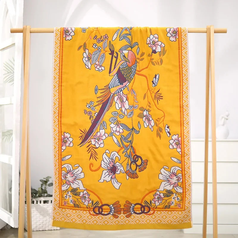 DecorBites™ 100% Cotton Large Bath Towel 80x160cm - Absorbent, Quick-Drying, Four Seasons, Flowers and Bird Design