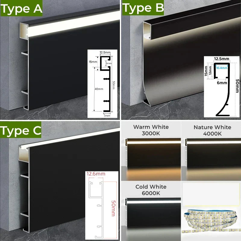 DecorBites™ Black Aluminium LED Profile for Recessed Skirting with Silicone Cover