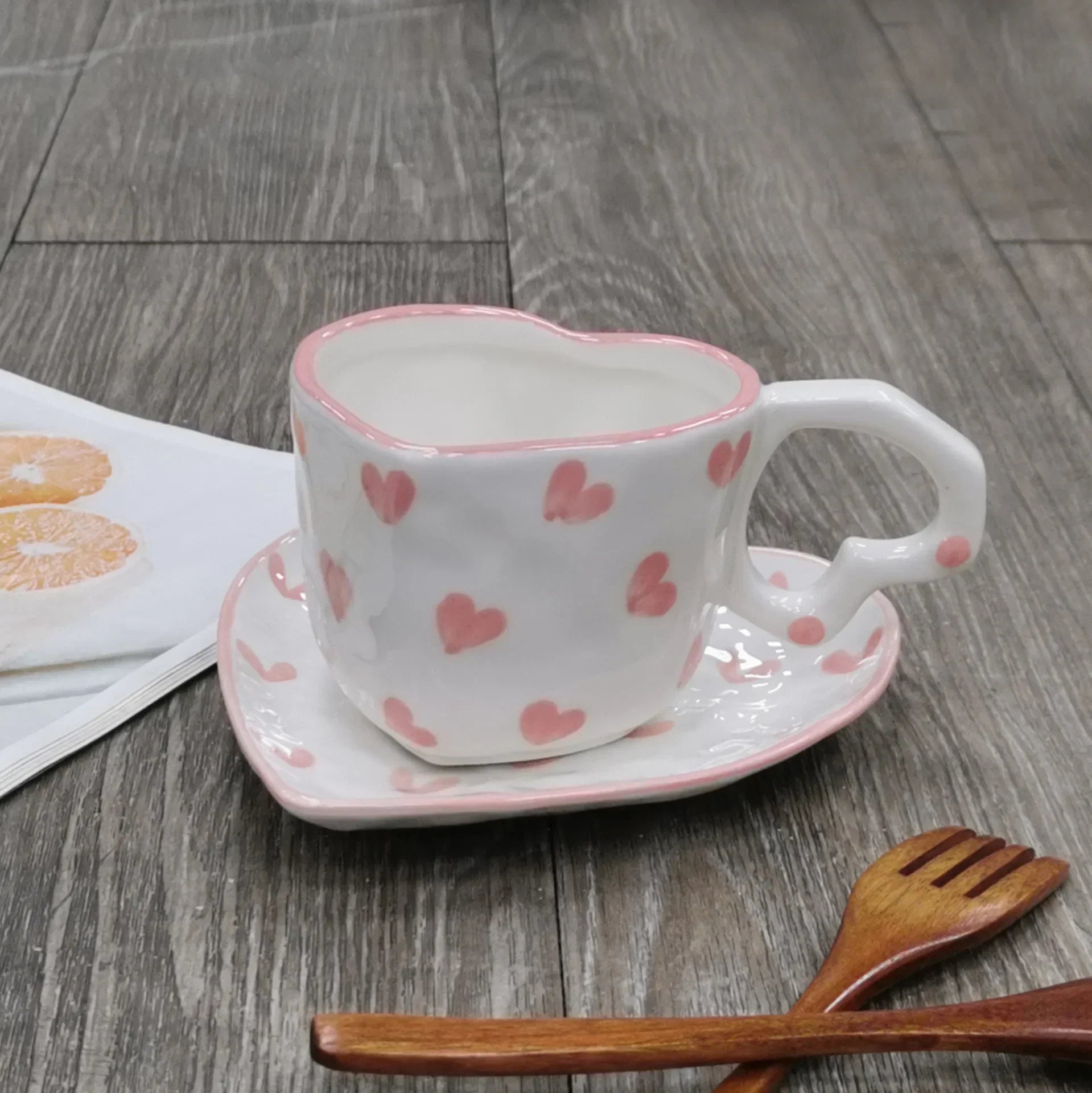 DecorBites™ Hand Painted Heart Handle Ceramic Love Mug - Pink
