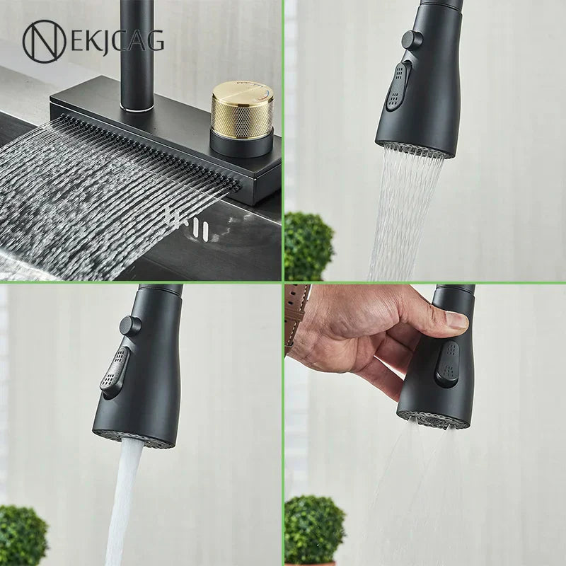 DecorBites™ Black Kitchen Faucet: Flexible Pull Out 3 Nozzle Mixer Tap