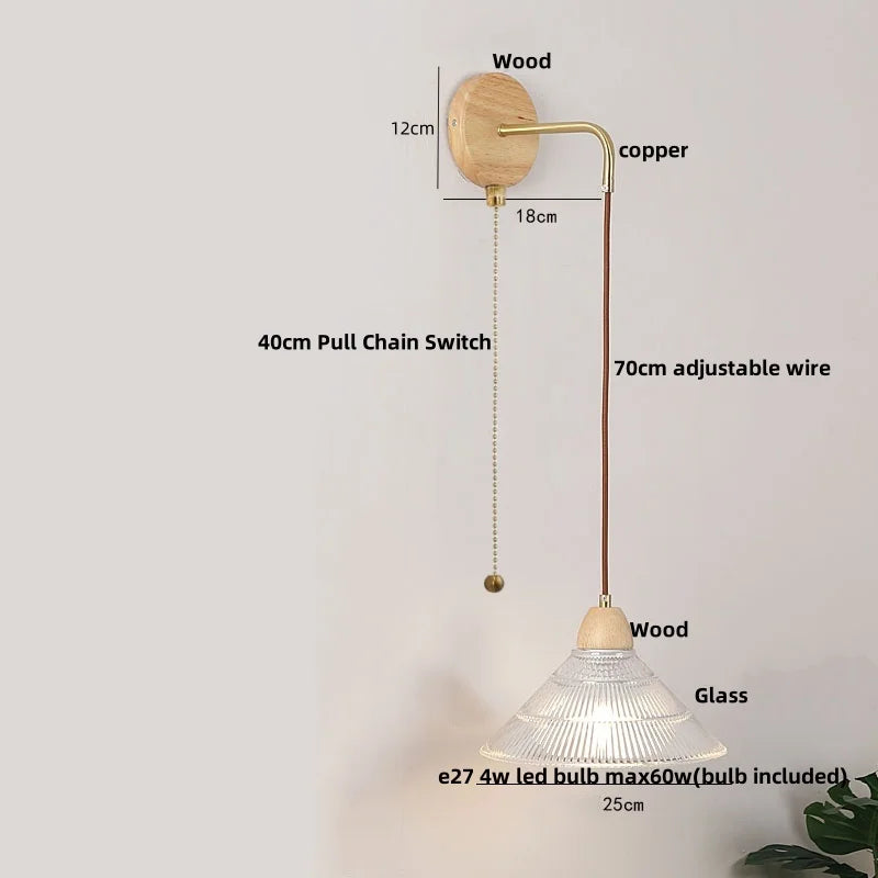 DecorBites™ Clear Glass LED Wall Lights with Wood Pull Chain Switch, Modern Art Bedside Lamp