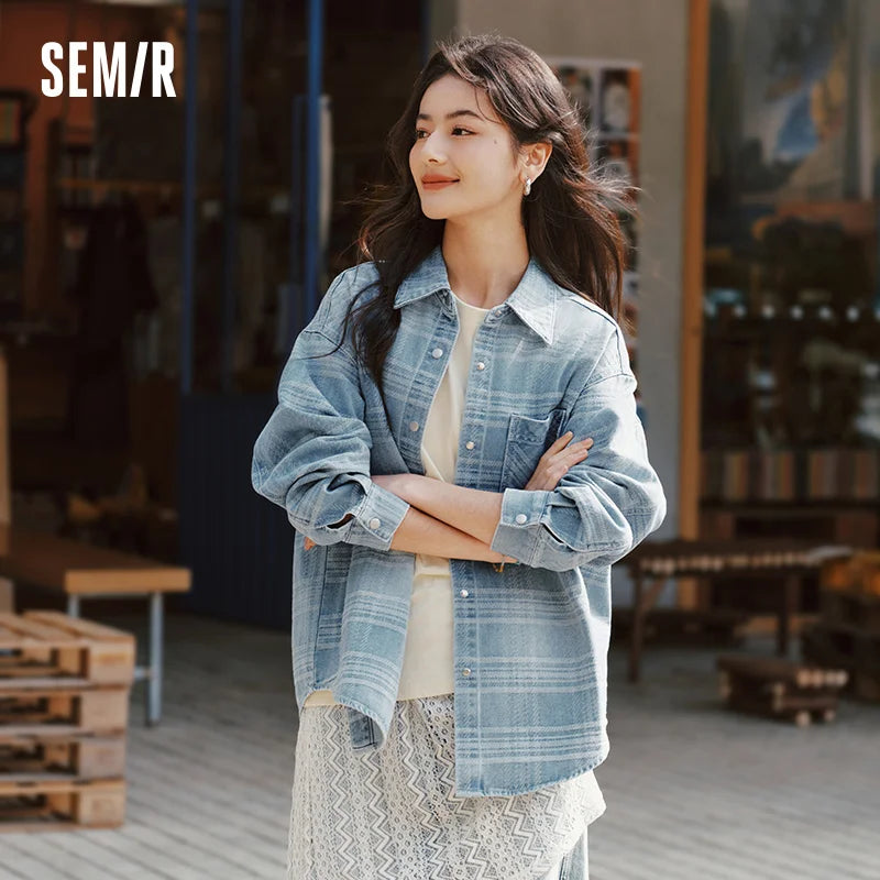 Semir Denim Shirt Women Oversize Spring 2025 New Spring Checkered Blouse Plaid Jacket