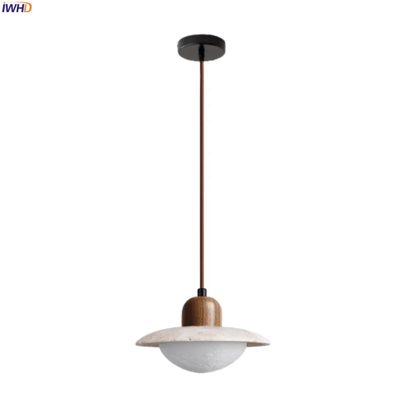DecorBites™ LED Pendant Lights Yellow Travertine Wood Hanging Lamp for Bedroom Dining Room