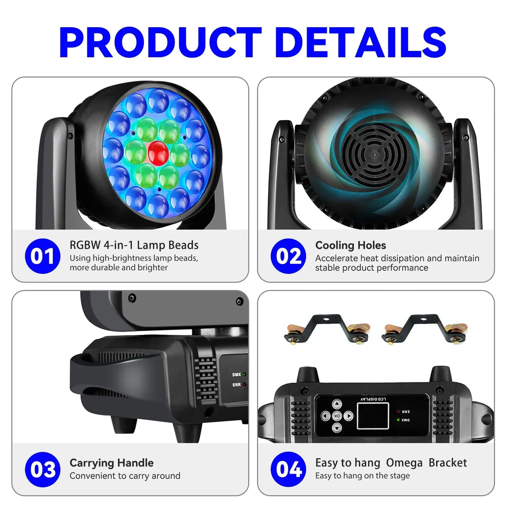 DecorBites™ LED Moving Head 19x15W RGBW 4-in-1 Beam Wash/Zoom Light - DMX512 Control